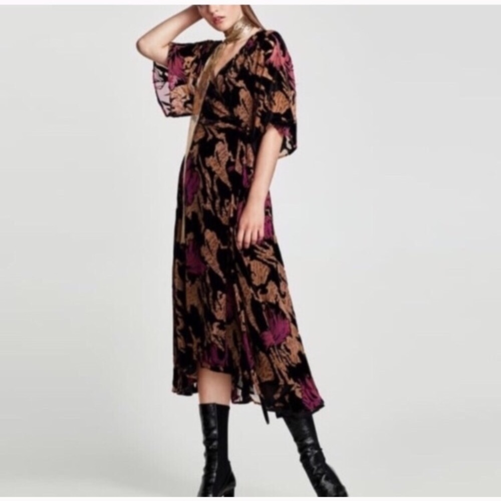 Zara Devore Black Velvet Floral Midi Wrap